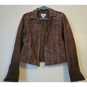 Live a Little Brown Leather Jacket Womens Medium Suede Snap Front Lined